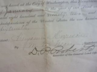 ANTIQUE LAND GRANT SIGNED BY PRESIDENT BENJAMIN HARRISON JANUARY 19,  1892 3