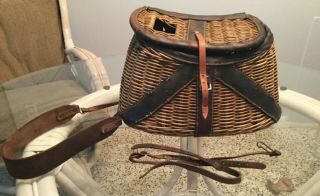 Vintage Fishing Creel Wicker And Leather With Straps