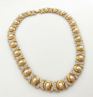 1980s Vintage Jewelry Xo Necklace,  Rhinestone Pearl Collar Necklace Gold Tone