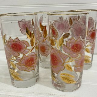 Vintage Libbey Pink Roses Gold Leaves Glass Tumblers Set Of 4 Mid Century 1960