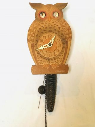 Antique Carved Mitzkat Wooden Wood Owl Clock W/ Moving Eyes Germany West