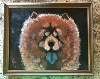 Vintage Chow Chow Dog Oil Painting Signed Framed Antique Folk Art