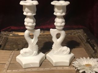 2 Vintage Milk Glass Dolphin Koi Fish Serpent Candlestick Candle Holders 9 1/2 "
