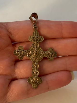 Vintage Art Deco 925 Sterling Silver Filigree Cross Pendant 2 1/4” Inches Long