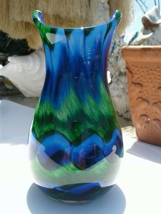 Vintage Murano Pulled Feather Cased Art Glass Vase,  7 ",  Cobalt Blue And Green