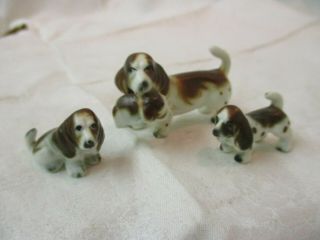 Vintage Miniature 3 Bone China Figurines Basset Hounds Dogs Family
