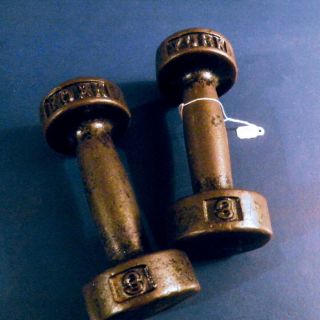 Vintage York Barbell Gym Dumbells Cast Iron Weights Antique 3 Lbs