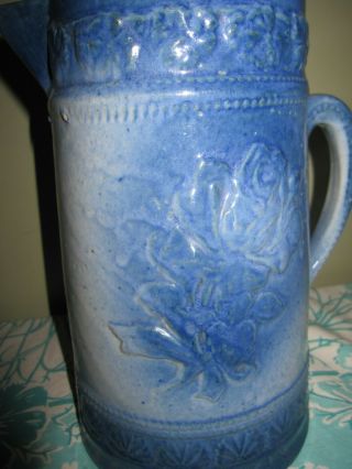 Antique Pottery Salt Glaze Blue White Stoneware Rose 9 " Pitcher 1920s Vintage