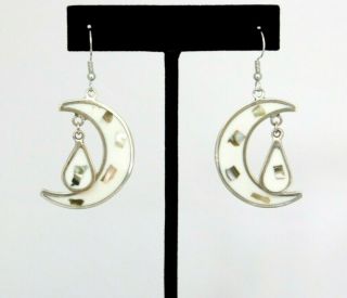 Mexican Earrings Abalone Shell Alpaca Silver White Vintage Geometric Dangle K15