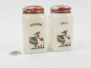 Vintage Garden Girl Milk Glass Salt And Pepper Range Shakers