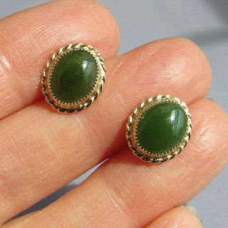 Vintage Chinese Asian 14k Gold Oval Green Jade Stud Pierced Earrings