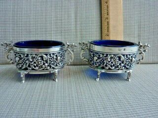 Vintage Pair Italy Putti 800 Silver Blue Liner Oval Open Salt (56950)