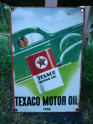 Old Vintage 1936 Texaco Motor Oil Porcelain Enamel Gas Pump Station Sign