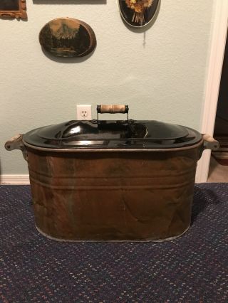 Antique Primitive Copper Boiler Kettle Wash Tub Pot With Lid Wood Handles