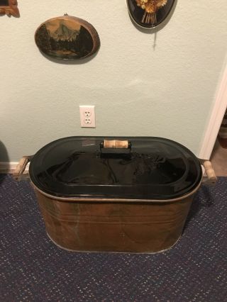 Antique Primitive Copper Boiler Kettle Wash Tub Pot With Lid Wood Handles 2