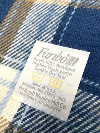 Faribo by Faribault Vintage Plaid Fringe Throw Blanket Cover Blue Tan White 3