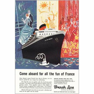 1957 French Line: Ile De France Liberte Flandre Vintage Print Ad