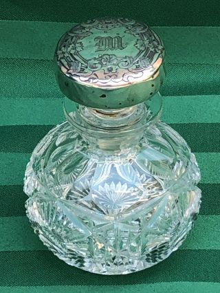 Antique Sterling Silver Cap Monogramed Crystal Perfume Bottle