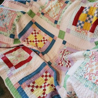 Vintage Handmade Mid Century Pink Patchwork Quilt Floral Blanket 59x74 2