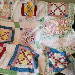 Vintage Handmade Mid Century Pink Patchwork Quilt Floral Blanket 59x74 3