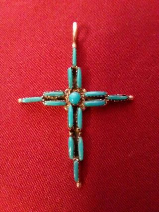 Vintage Signed Zuni Turquoise Petit Point Cross Sterling Silver Pendant