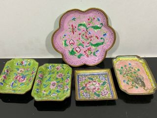 Vintage 5pc Chinese Export Enamel Brass Petite Small Trays Plates