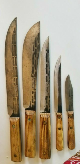 Vintage Forgecraft Hi - Carbon Steel Knives Knife Set Of 5 Hickory Wood Handles