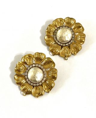 2 Vintage Gorgeous Art Deco Pearl Miriam Haskell Rhinestone Flower Brooch Pin