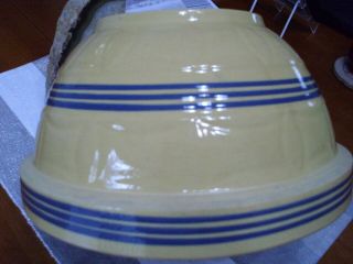 Antique Ex.  Large Yelloware 10 5/8 " Mixing Bowl W/blue Stripes Great Cond.