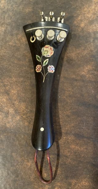 Antique/vintage Wood Violin Tailpiece W/mother Of Pearl Floral Inlays Fancy Art
