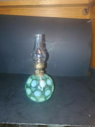 Antique Green Vaseline/uranium Glass Oil Lamp With Depression Dot Design