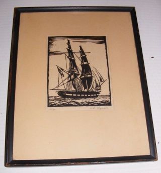Antique Framed Pirate Ship Block Print H.  L.  Clymer