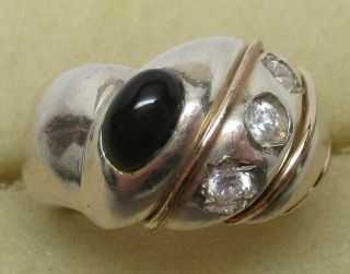Vintage 925 Sterling Silver & 14k Gold Chunky Onyx & Clear Stone Statement Ring
