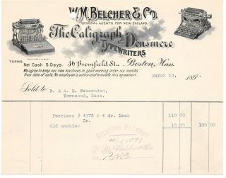 1897 Wm Belcher Caligraph & Densmore Typewriters Boston Ma Bill Head Peerless
