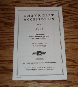 1954 Chevrolet Car & Truck Accessories Price List Sales Brochure 54 Chevy
