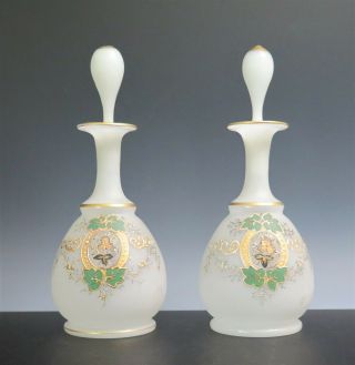 Victorian Pair Bristol White Satin Glass Scent Bottles Enameled Floral