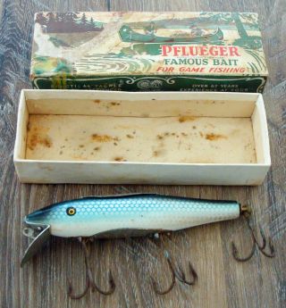 Vintage Pflueger Mustang 9509 5 " Wood Blue Mullet Fishing Lure In Correct Box