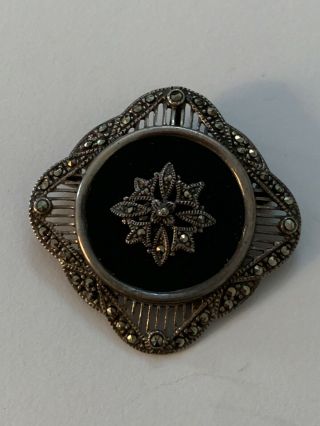 Vtg Art Deco Sterling Silver 925 Square Black Onyx Marcasite Brooch Pin Pendant