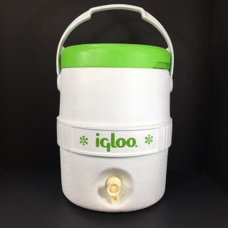 Vintage Igloo 2 Gallon White W/ Green Lid Beverage Water Cooler Drink Insert