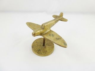 Ww2 Vintage Small Trench Art Brass Raf Spitfire Aeroplane Desktop Model & Stand