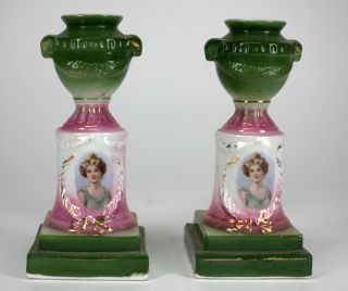 Vintage Porcelain Candle Holder Candlestick Pair Woman Girl & Urn Motif