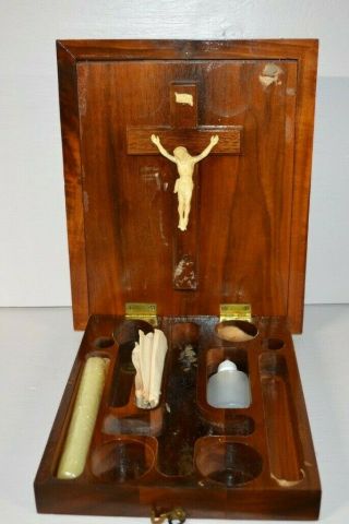Vintage Catholic Holy Communion Last Rites Priest Travel Kit Box Head Of Christ