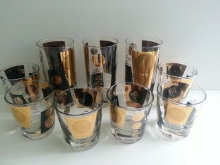 Vintage Libbey Black And Gold Coin Drinking Glasses Tall And Short 9 Total