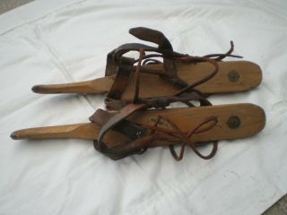 Vintage Hand Made Wooden Ice Skating Boots With Leather Straps And Metal Runners