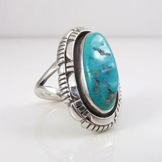 Vtg Native American Sterling Silver Blue Turquoise Large Oval Ring Size 6.  5 Lfk4