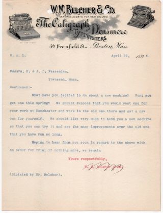 1896 W M Belcher & Co Caligraph & Densmore Typewriters Boston Ma Townsend Ma
