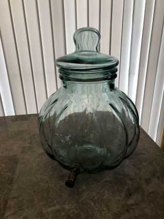 Vintage Large Green Glass Pumpkin - Shaped Spigot Spout Jar From Italy Sve