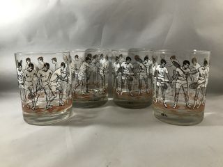 Vintage Mid Century Set Of 4 " The Forehand " Tennis Barware Glasses By Cora (c2)
