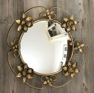 Vintage Gilt Tone Convex Mirror W/ Metal Ornate Flowers Made In England
