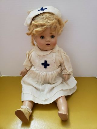 Vintage Composition 18 " Nurse Doll With Open/close Eyes And 2 Teeth